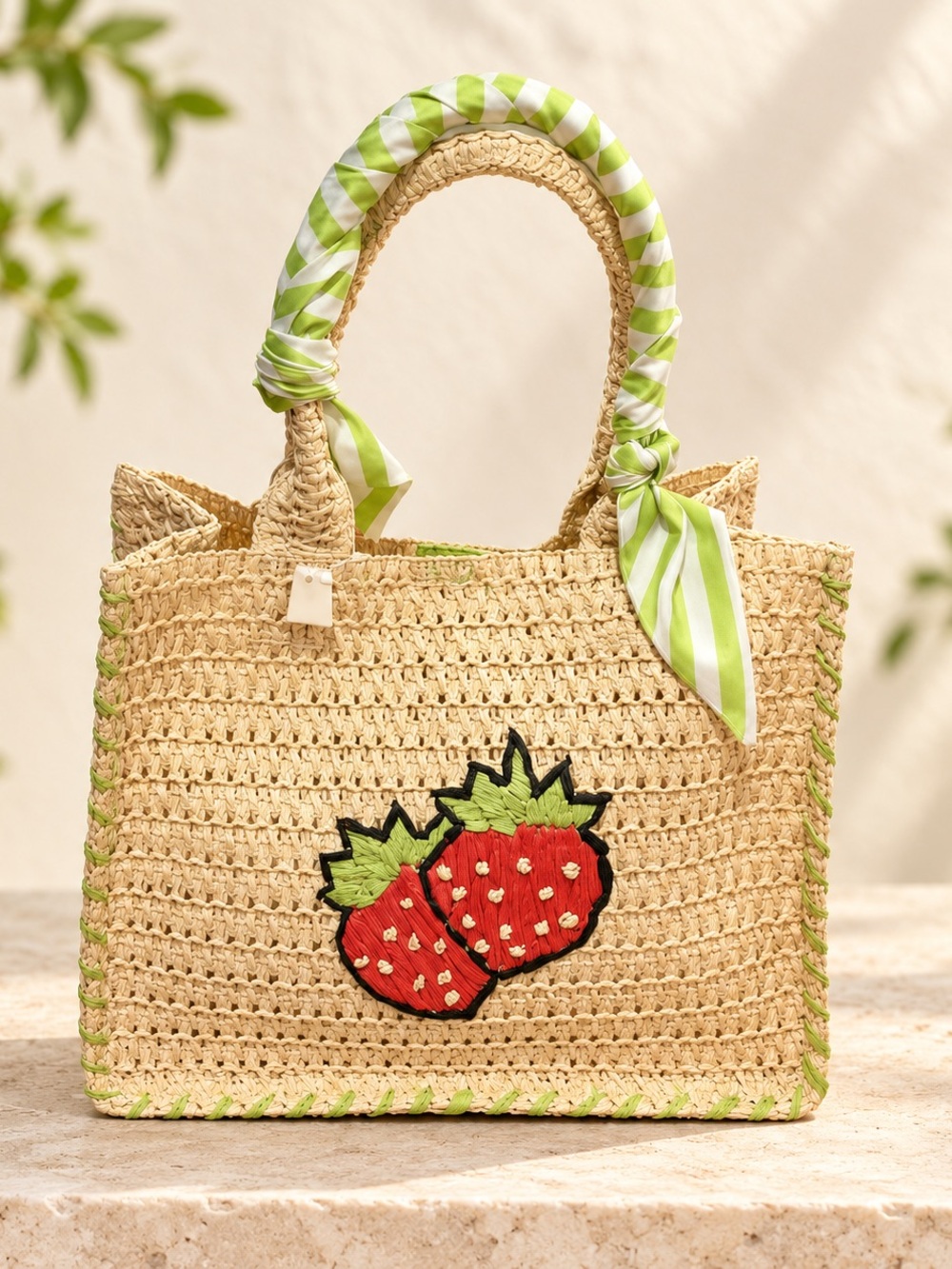 Straw Tote Bag with Strawberry Appliqué and Green Scarf Handle